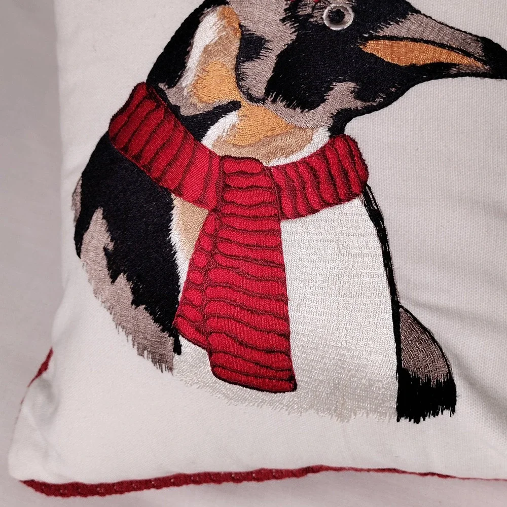 Pier 1 Holiday Penguin Embroidered Throw Pillow Red Scarf Poinsettia 10.5W x 11H